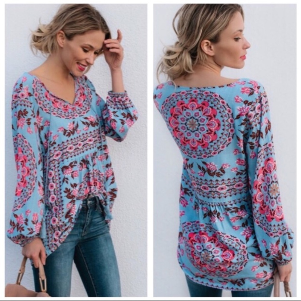 Fun Boho Peasant Blouse in Blue - Picture 1 of 6